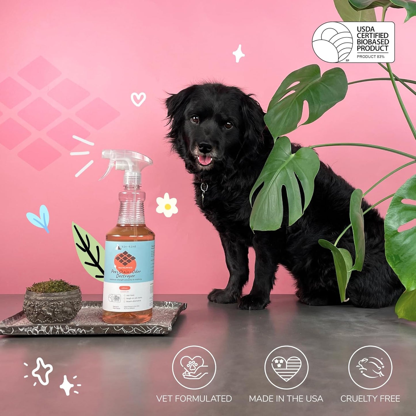 kin+kind Pet Odor Eliminator for Home - Litter Deodorizer, Pet Urine Odor Eliminator Spray and Stain Remover Spray for Harwood Floods, Carpet and Fabric - Pee, Odor and Stain Destroyer 32 fl oz