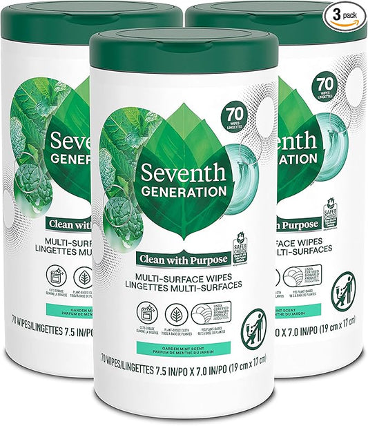 Seventh Generation Multi Purpose Wipes All Purpose Cleaning Garden Mint scent with 100% Essential Oils and Botanical Ingredients 70 count, Pack of 3