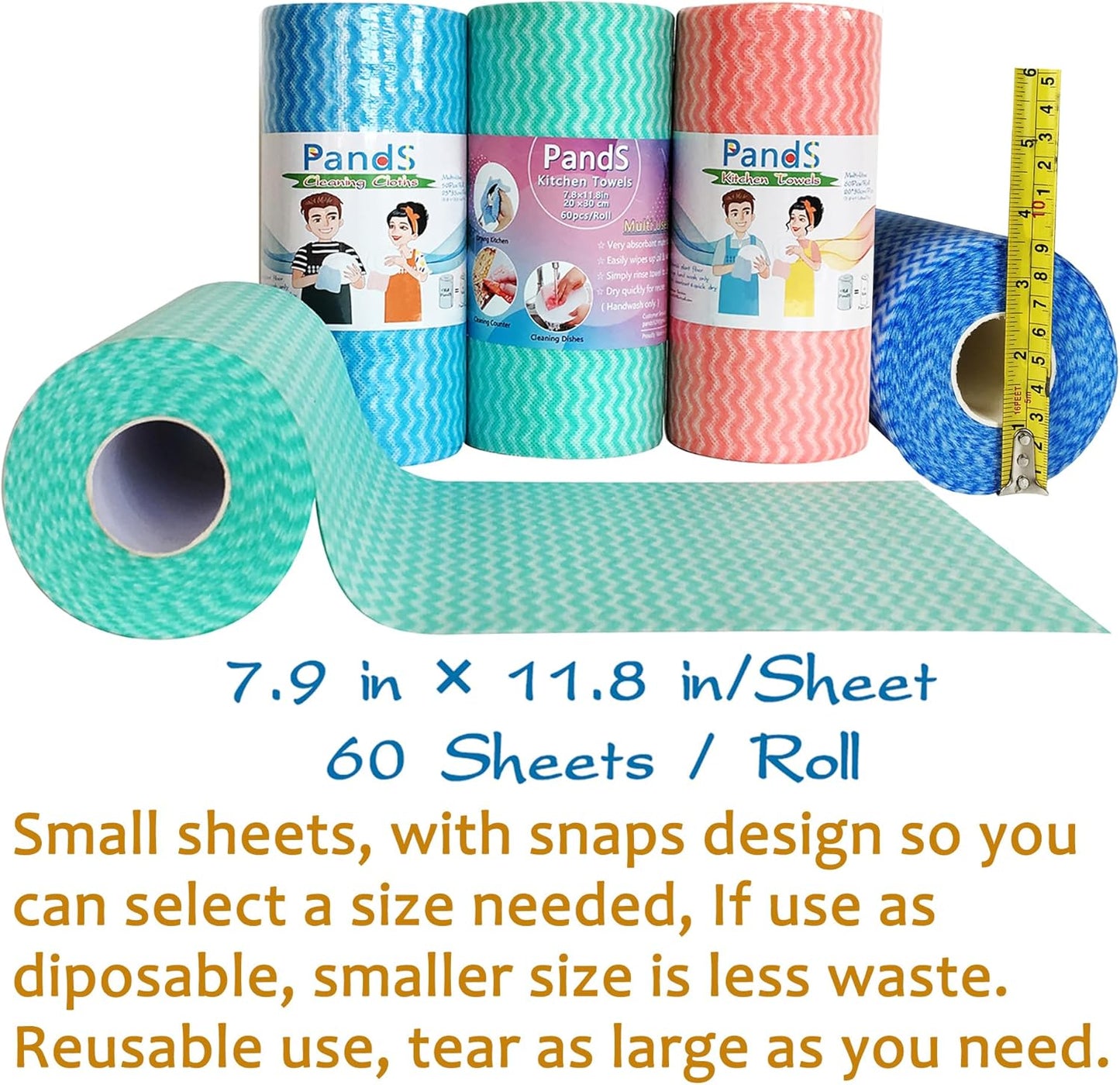 Washable Paper Towels Reusable 2 Pack, 120Ct Dish Cloths for Kitchen, Disposable Cleaning Wipes, Odor Free Quick Dry, Blue & Pink Rolls