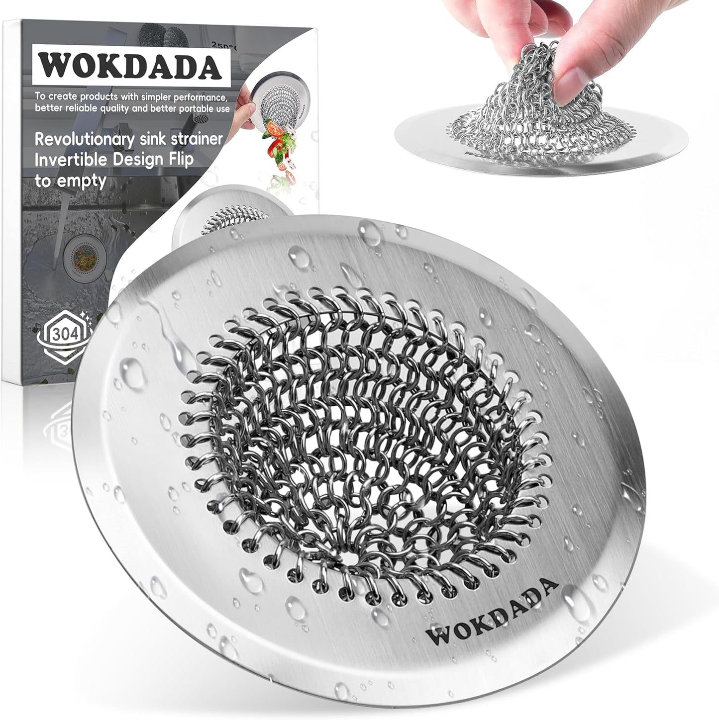 Revolutionary Kitchen Sink Drain Strainer/Patented Reversible Chain Mesh, Effortless Cleaning & Debris Catcher, Large Capacity, No Clog, 304 Stainless Steel & Rust-Proof/Handmade