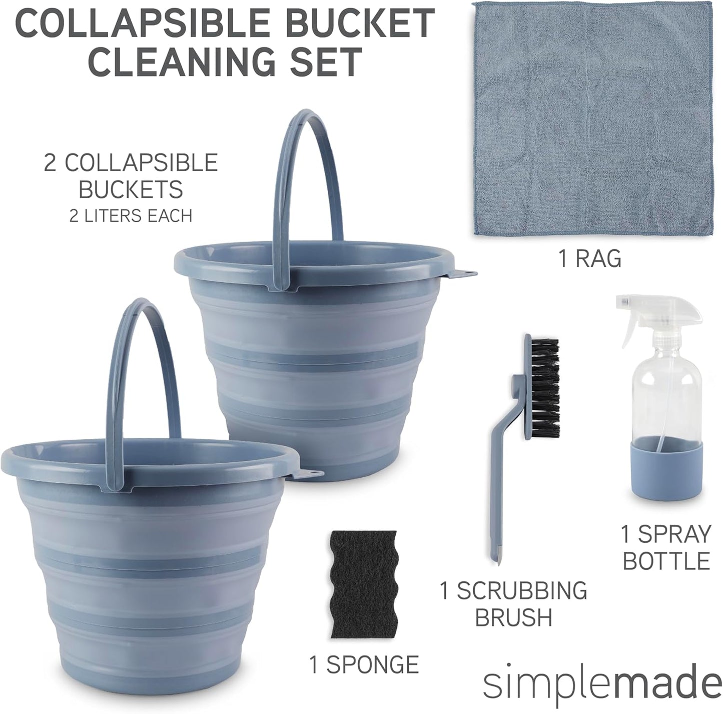 SIMPLEMADE Collapsible Bucket Cleaning Set - Includes 2 Foldable Buckets, Spray Bottle, Rag, Scrubbing Brush and Sponge - Holds Up to 10 liters, Easy Storage, All-Purpose Cleaning Solution