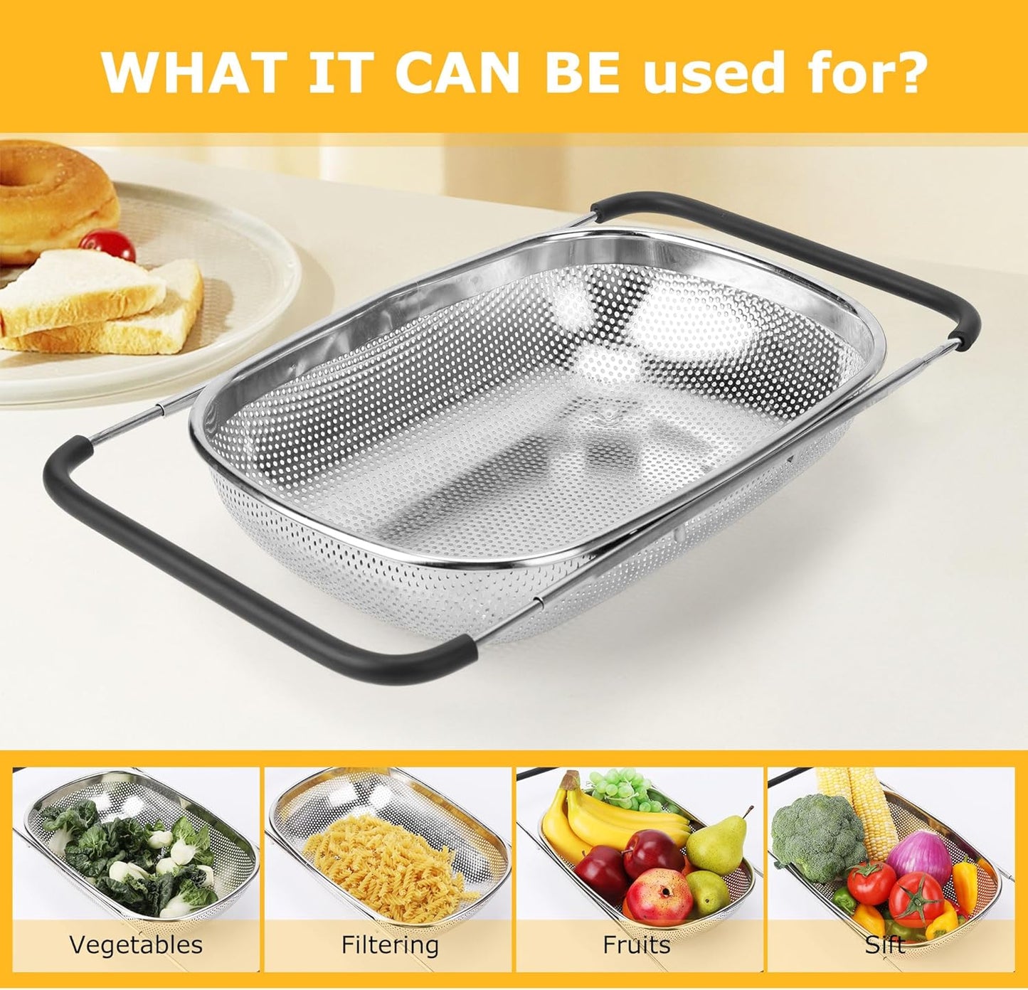 ZDRongZhen Kitchen Accessories Over the Sink Colander Strainer Basket，Stainless Steel Colander with Expandable Rubber Grip Sink Drainer-Rinse Vegetables Fruits &Strain&Drain (Large-Dense round hole)