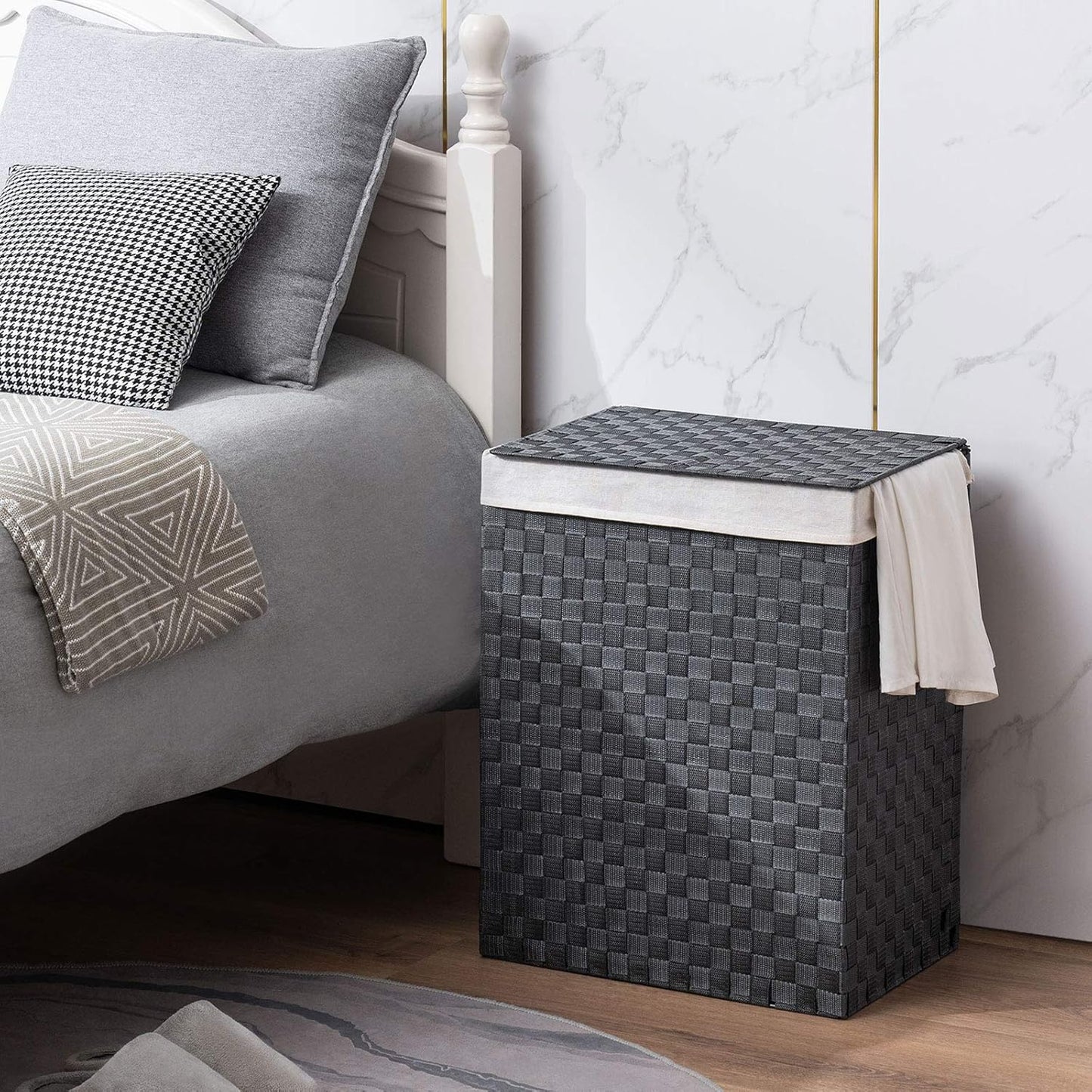 YOUDENOVA Handwoven Laundry Basket Hamper with Removable Liner Bag and Lid, Collapsible Clothes Hamper with Handle, Grey