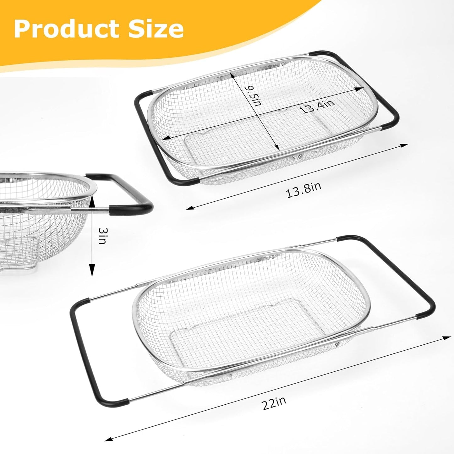 ZDRongZhen Kitchen Accessories Over the Sink Colander Strainer Basket，Stainless Steel Colander with Expandable Rubber Grip Sink Drainer-Rinse Vegetables Fruits &Strain&Drain (Large-grid)