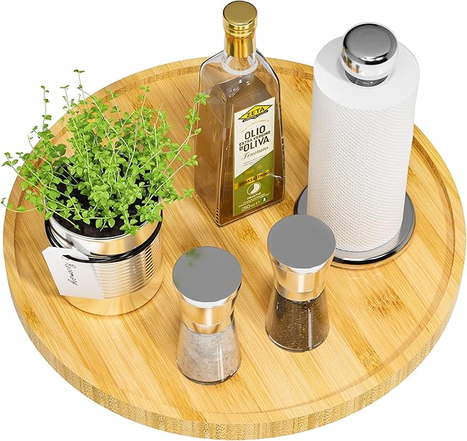 Lazy Susan Organizer, 13.2 Inch Non-Skid Bamboo Lazy Susan for Kitchen Table cabinets Closets and Kitchen Islands, Wood Turntable for Kitchen Countertop Organizer