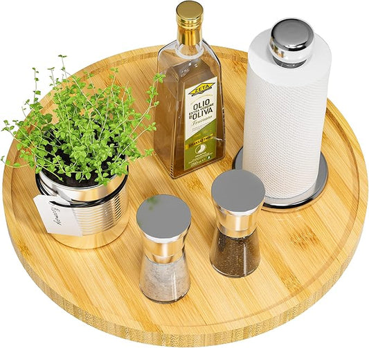 Lazy Susan Organizer, 13.2 Inch Non-Skid Bamboo Lazy Susan for Kitchen Table cabinets Closets and Kitchen Islands, Wood Turntable for Kitchen Countertop Organizer