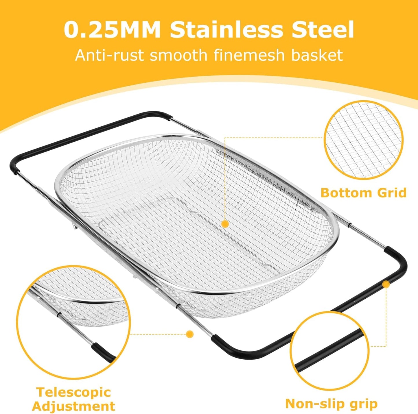 ZDRongZhen Kitchen Accessories Over the Sink Colander Strainer Basket，Stainless Steel Colander with Expandable Rubber Grip Sink Drainer-Rinse Vegetables Fruits &Strain&Drain (Large-grid)