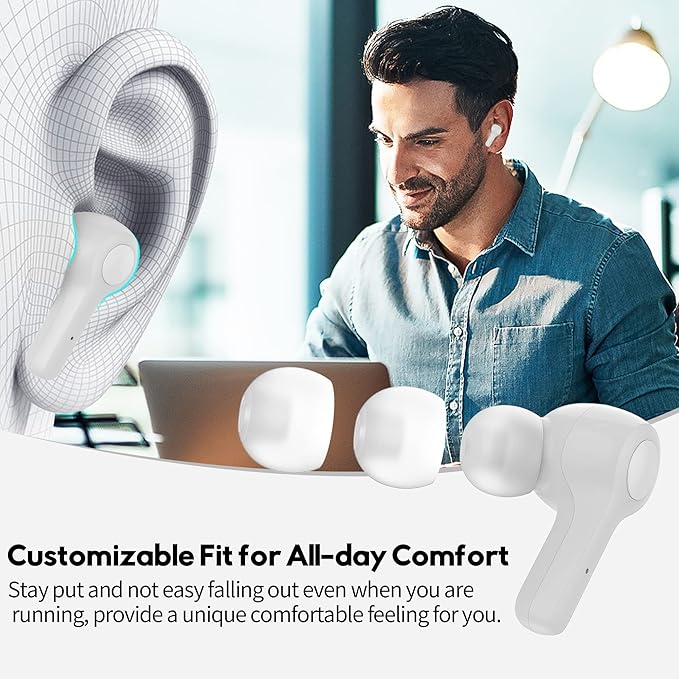 MOZOTER Bluetooth 5.3 Wireless Earbuds,Deep Bass Loud Sound Clear Call Noise Cancelling with 4 Microphones in-Ear Headphones with Wireless Charging Case Compatible for iPhone Android,Work-White