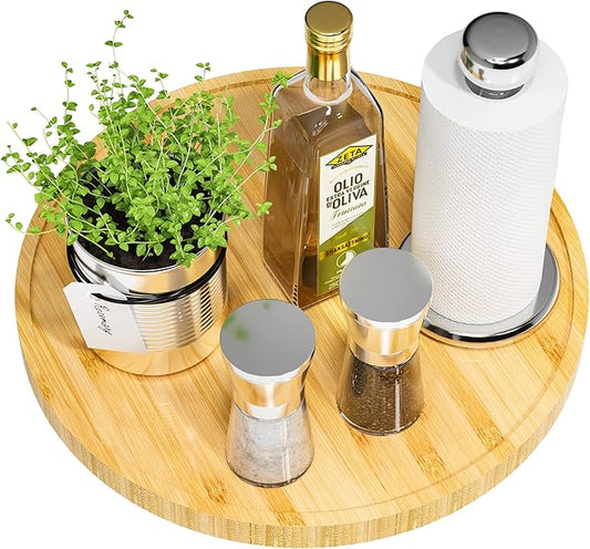 Lazy Susan for Table, 12 Inch Non-Skid Bamboo Turntable Organizer for Salt Pepper Spices and Olive Oil Next to Stove, Wooden Lazy Susan Organizer for Kitchen Countertop Organizer