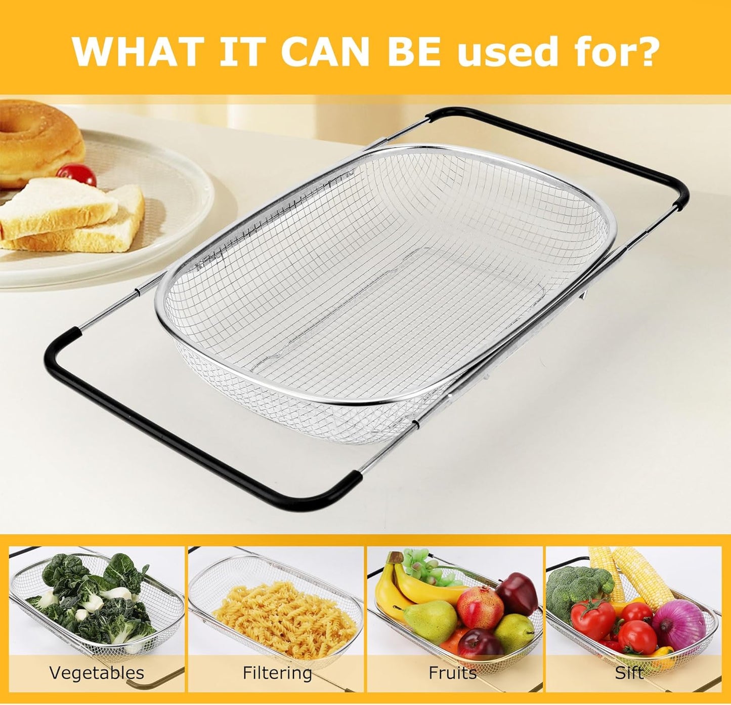 ZDRongZhen Kitchen Accessories Over the Sink Colander Strainer Basket，Stainless Steel Colander with Expandable Rubber Grip Sink Drainer-Rinse Vegetables Fruits &Strain&Drain (Large-grid)