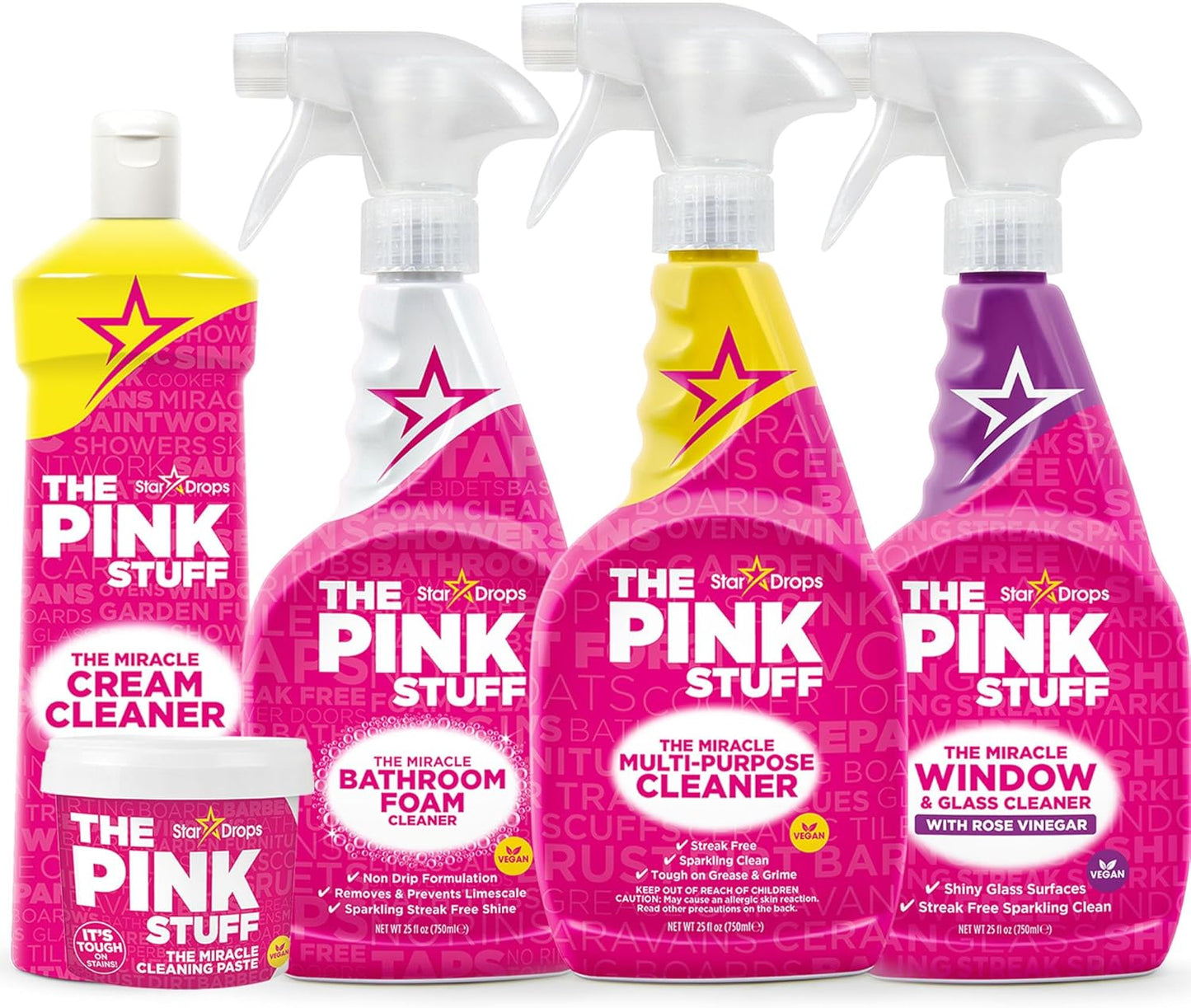 Stardrops - The Pink Stuff - The Miracle Cleaning Paste, Multi-Purpose Spray, Bathroom Foam Spray, Window & Glass Cleaner, and Cream Cleaner Bundle