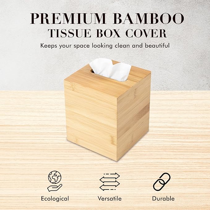 JUSK Design Tissue Box Holder - Modern, Minimalist, and Durable Wooden Tissue Box with Sliding Bottom, Easy-Refill - Premium-Quality Bamboo Tissue Box Cover, Square, Pack of 2