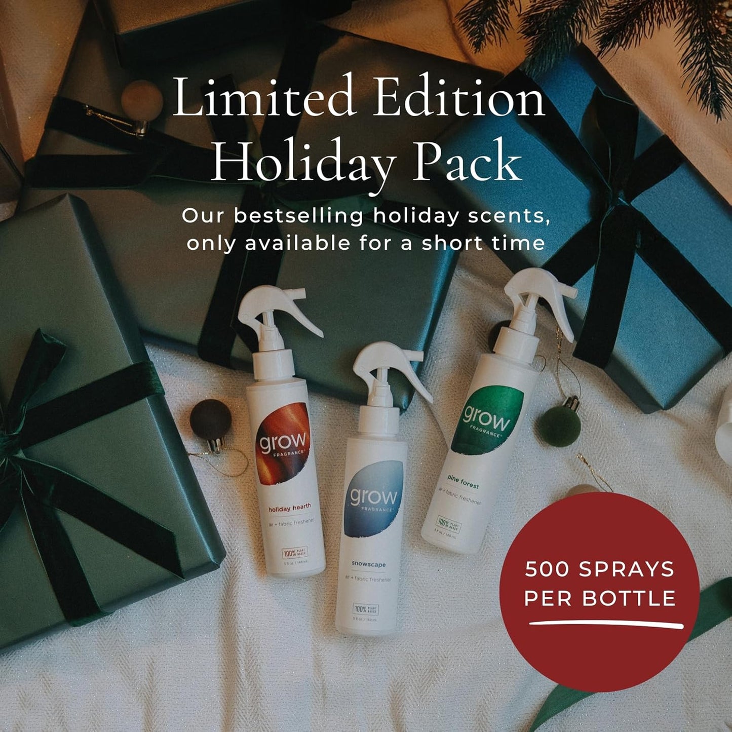 Grow Fragrance Certified Non Toxic, 100% Plant Based Fabric and Room Air Freshener Spray. Made with All Natural Essential Oils (Holiday 3 Pack - Pine Forest, Holiday Hearth, Snowscape) 3 x 5oz