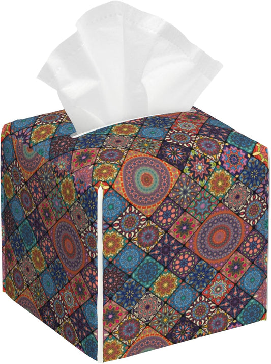 Tissue Box Cover Square, Boho Mandala Floral Morocco Tiles Leather Tissue Box Cover Decorative Facial Paper Organizer Dispenser for Bathroom Kitchen Bedroom Vanity Countertop Night Stands