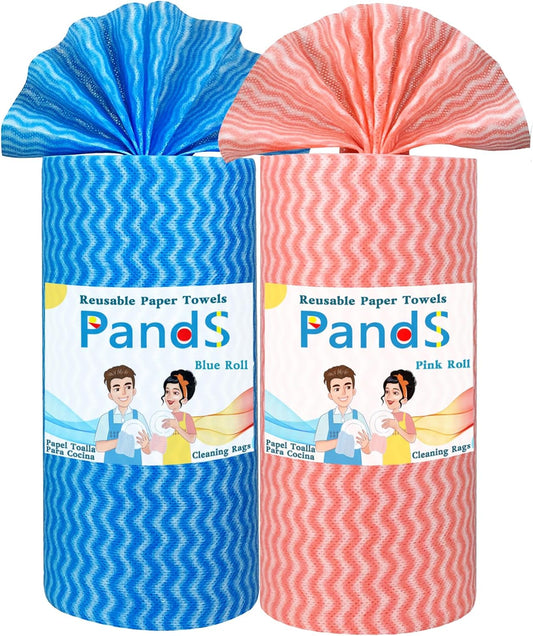 Washable Paper Towels Reusable 2 Pack, 120Ct Dish Cloths for Kitchen, Disposable Cleaning Wipes, Odor Free Quick Dry, Blue & Pink Rolls