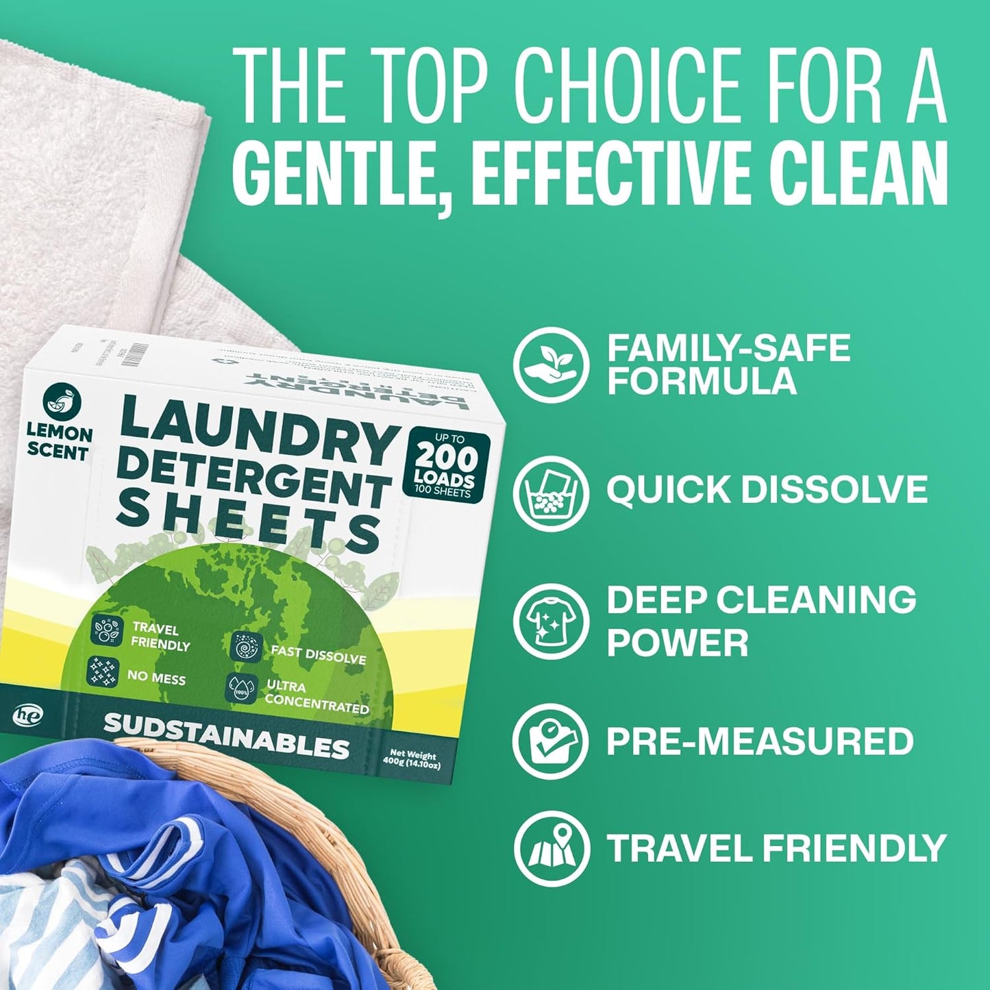 Sudstainables Laundry Detergent Sheets 200 Loads – Dissolvable Laundry Sheet for Washing Machines, Compact Alternative to Liquid & Powder Detergent, Travel-Friendly Soap | Lemon