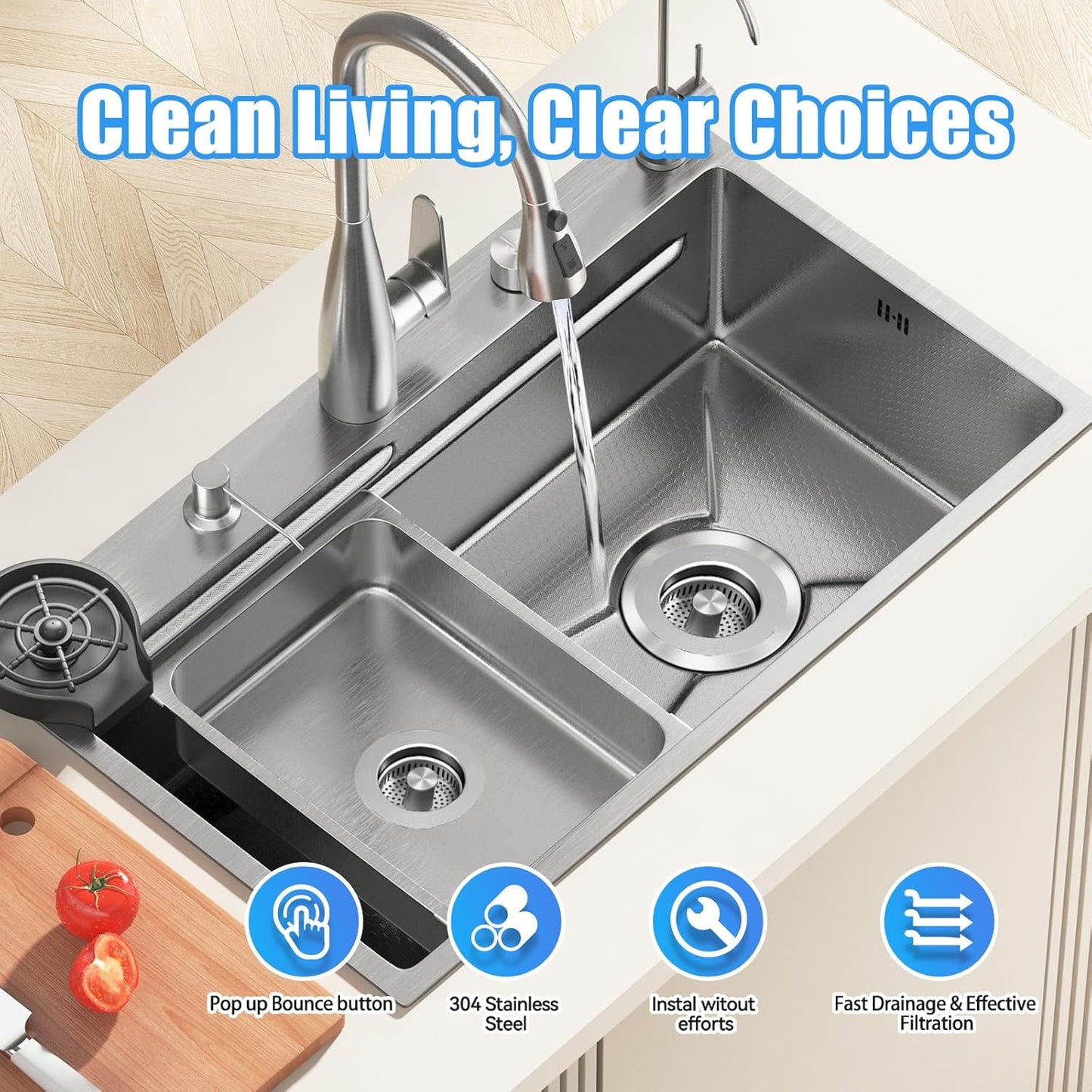 Kitchen Sink Drain Strainer, Pop-up Sink Stoppers, 3 in 1 Sink Drain Strainer, Upgraded Larger Sink Strainer Filter Basket, Cleaning Brush for US Sink Standard 3-1/2 Inch Drain Strainers