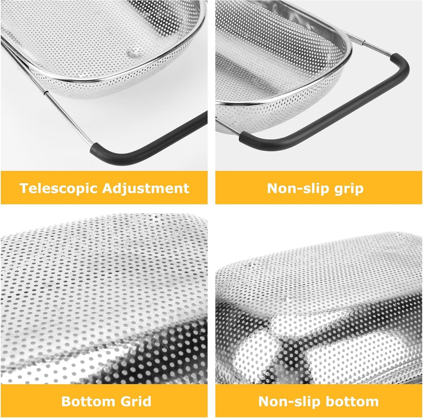 ZDRongZhen Kitchen Accessories Over the Sink Colander Strainer Basket，Stainless Steel Colander with Expandable Rubber Grip Sink Drainer-Rinse Vegetables Fruits &Strain&Drain (Large-Dense round hole)