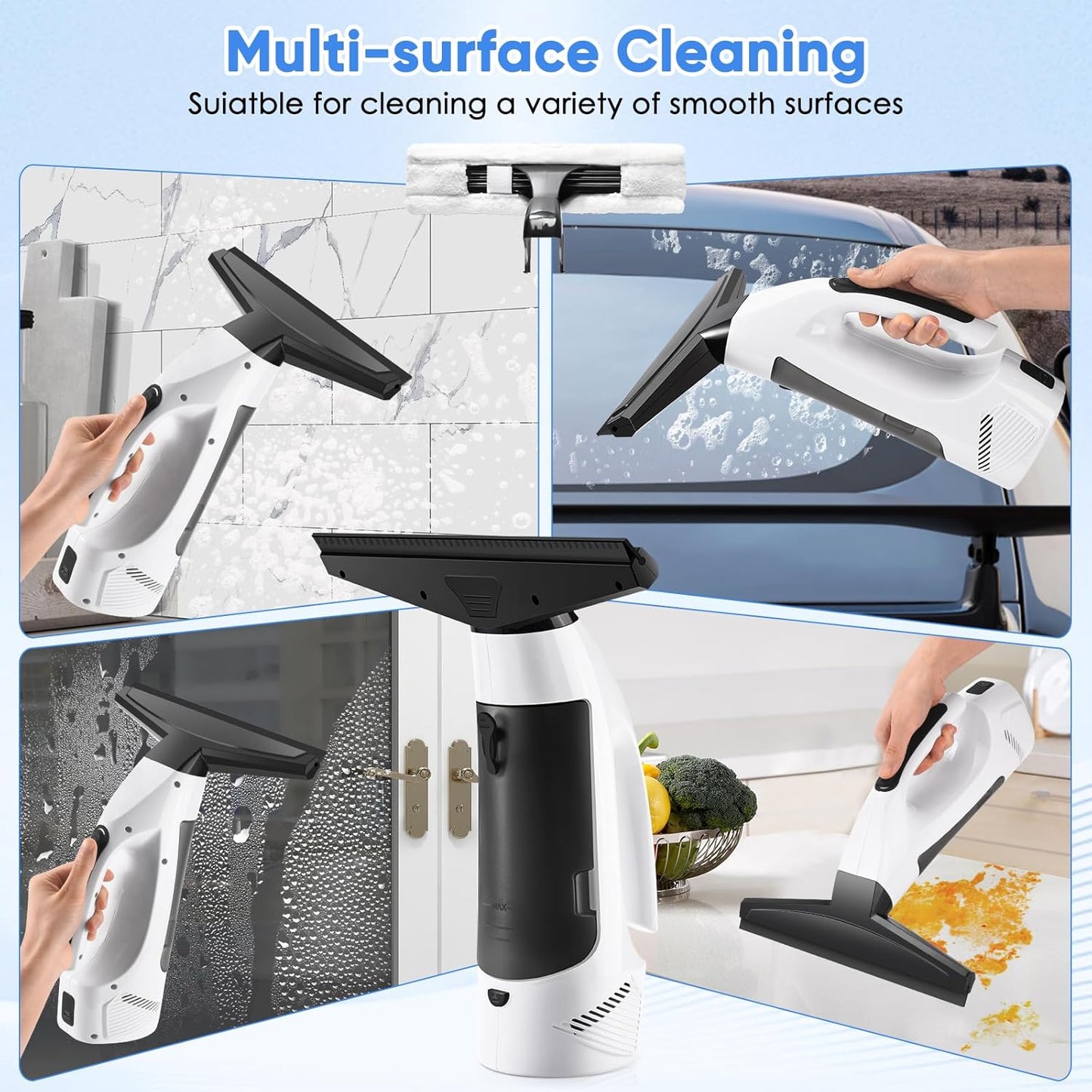 Window Vacuum Squeegee Cordless, Handheld Window Vac with Multi-Purpose Spray Bottle & Microfiber Cloth, Electric Cleaning Tool for Windows, Tiles, Mirror, Countertop, Car Windshield
