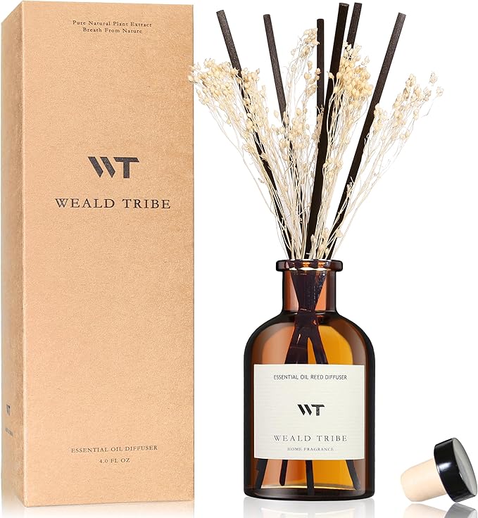 WEALD TRIBE Reed Diffuser Set for Bathroom Air Fresheners, Oil Diffuser Sticks | White Jasmine Scent 4.0 fl oz Home Fragrance with Sticks Defusers | House Bedroom Office Shelf Decor
