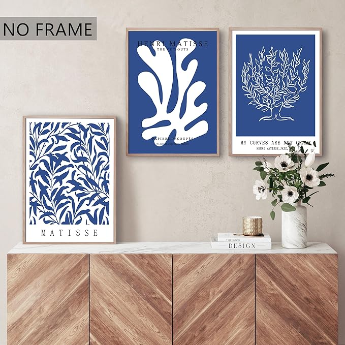 Henri Matisse Canvas Wall Art Poster Set of 3, Abstract Blue and White Line Wall Decor Paintings, Modern Minimalist Prints Aesthetic Home Decor for Living Room Bedroom Office 16x24 inch Unframed