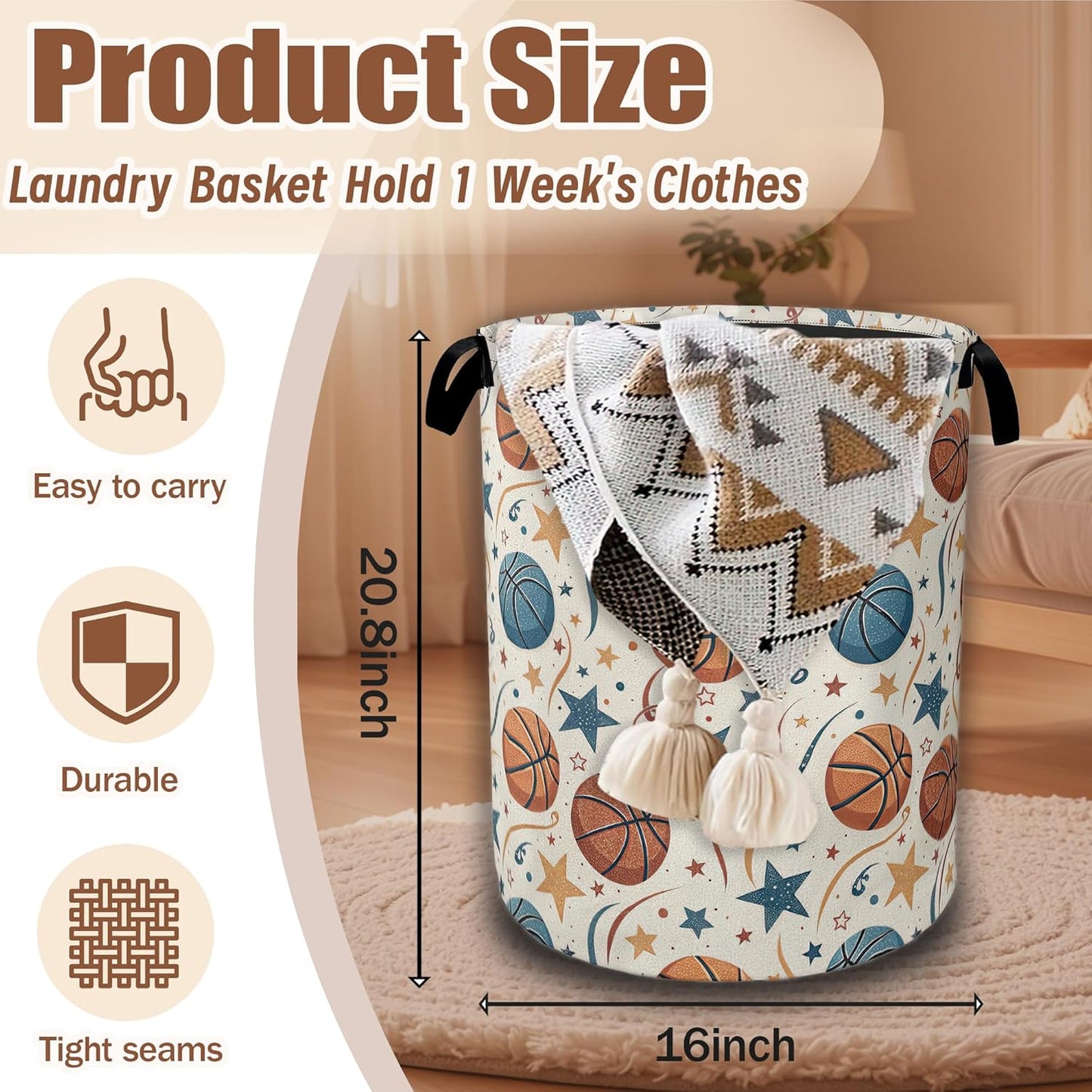 Basketballs Stars Laundry Hamper,Laundry Baskets,Waterproof Oxford Cloth Toy Storage for Bedroom,Bathroom,Nursery,16x20.8 Inch