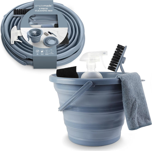SIMPLEMADE Collapsible Bucket Cleaning Set - Includes 2 Foldable Buckets, Spray Bottle, Rag, Scrubbing Brush and Sponge - Holds Up to 10 liters, Easy Storage, All-Purpose Cleaning Solution