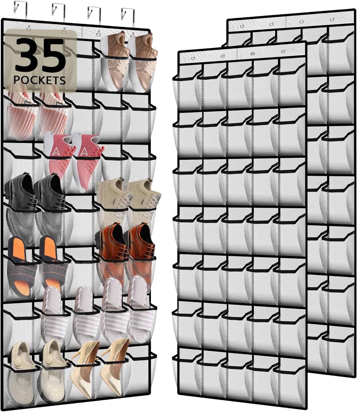 35 Pocket Over the Door Shoe Organizer,Reusable Breathable Large Mesh Bag Men's & Women's Sneaker Organizer,Shoe Organizer for Kids,Hanging Shoe Storage Hanging Bag (2PCS-White)
