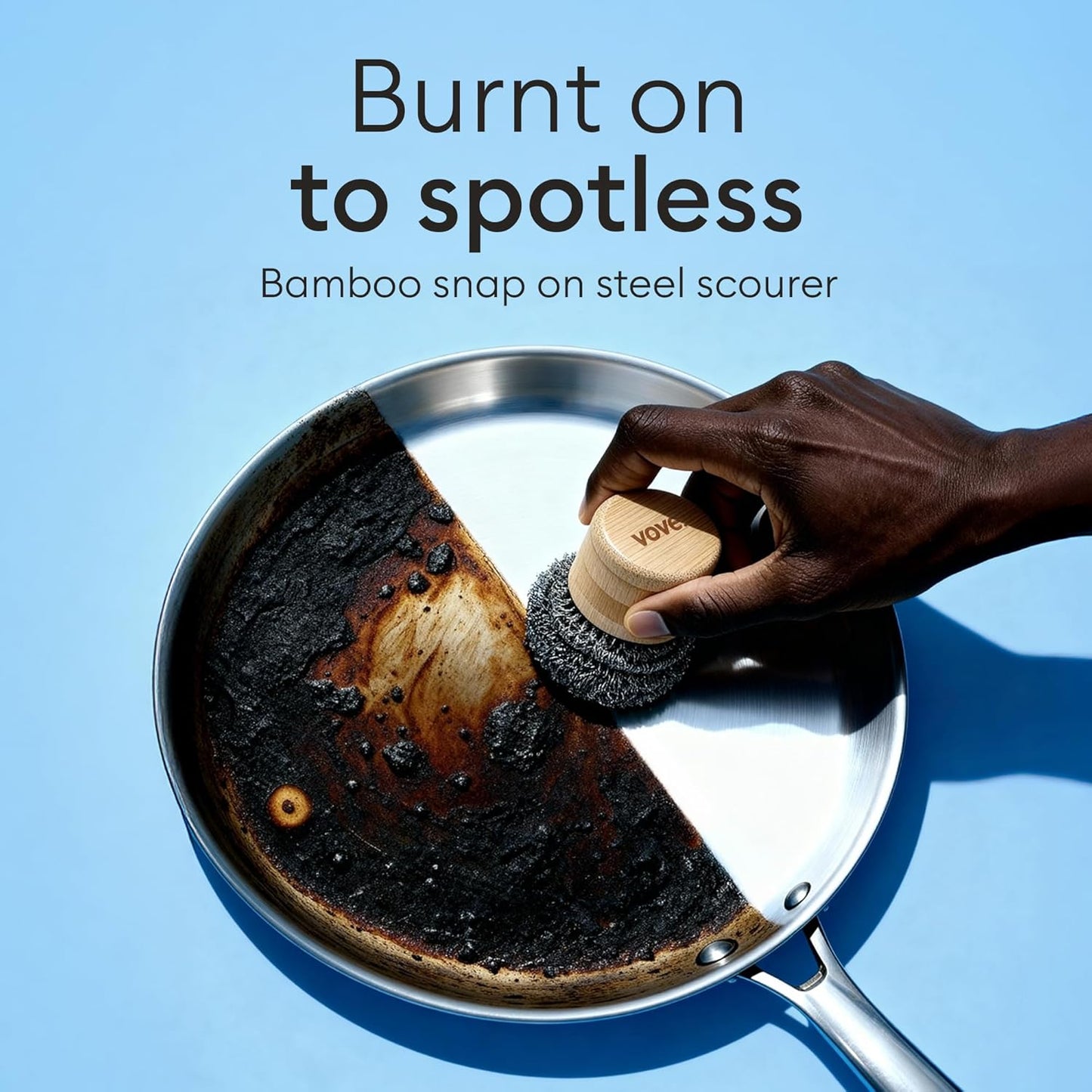 Vove Magnetic Scourer, Stainless Steel Scrubber with FSC-Certified Bamboo Handle, 3 Replacement Pads, Neodymium Magnet, for Cast Iron, Pots & Pans, Griddles, Grills, Plastic-Free Eco-Friendly Cleaner