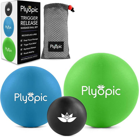 Plyopic. Massage Balls Set of 3 – for Deep Tissue Muscle Recovery, Myofascial Release, Mobility & Trigger Point Therapy - Eliminate Muscle Pain & Tension in Your Back Neck Arms Legs Hands & Feet