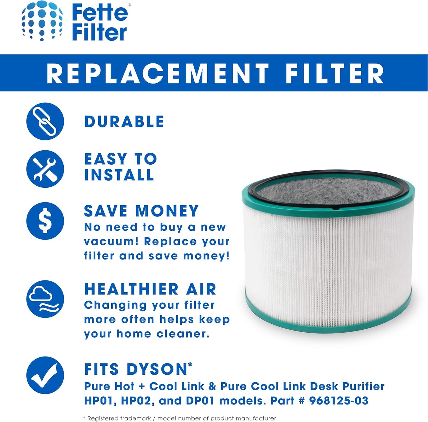 Fette Filter - 968125-03 Premium 360° Glass Filter Compatible with Dyson HP01 HP02 DP01 DP02 for Dyson Pure Hot Cool Link Desk Air Purifying Sytem Part # 968125-03 96812503 (2-Pack)