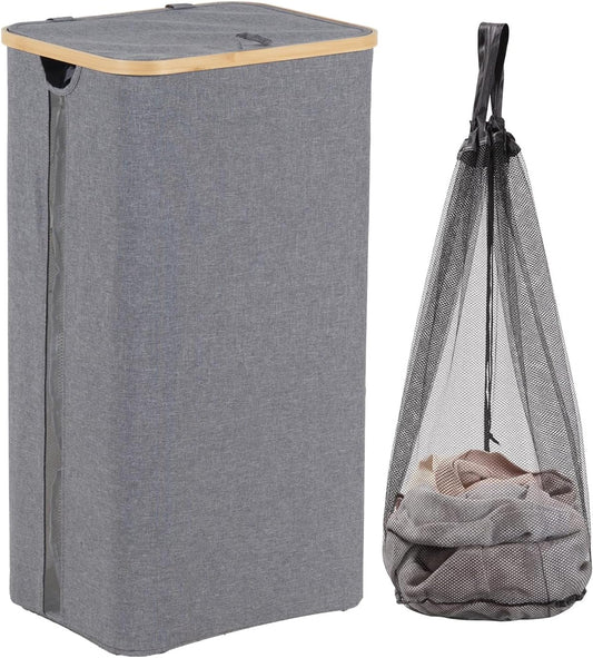 100L Laundry Basket with Lid, Clothes Hampers for Laundry with Bamboo Handles Large Foldable Laundry Hamper with Removable Inner Bag for Laundry Room, Bathroom, Bedroom and Dorm - Grey
