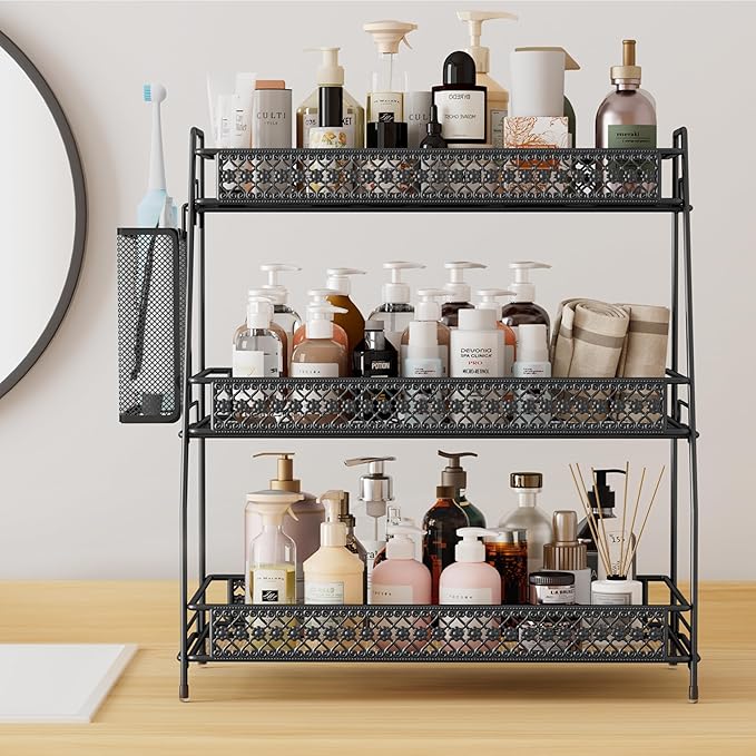 Vintage 3 Tier Spice Rack Organizer for Kitchen Counter, Bathroom Counter Organizer with Bonus Basket, 3 Tier Bathroom Counter Organizer for Spices Makeup Perfumes, Retro Countertop Organizer