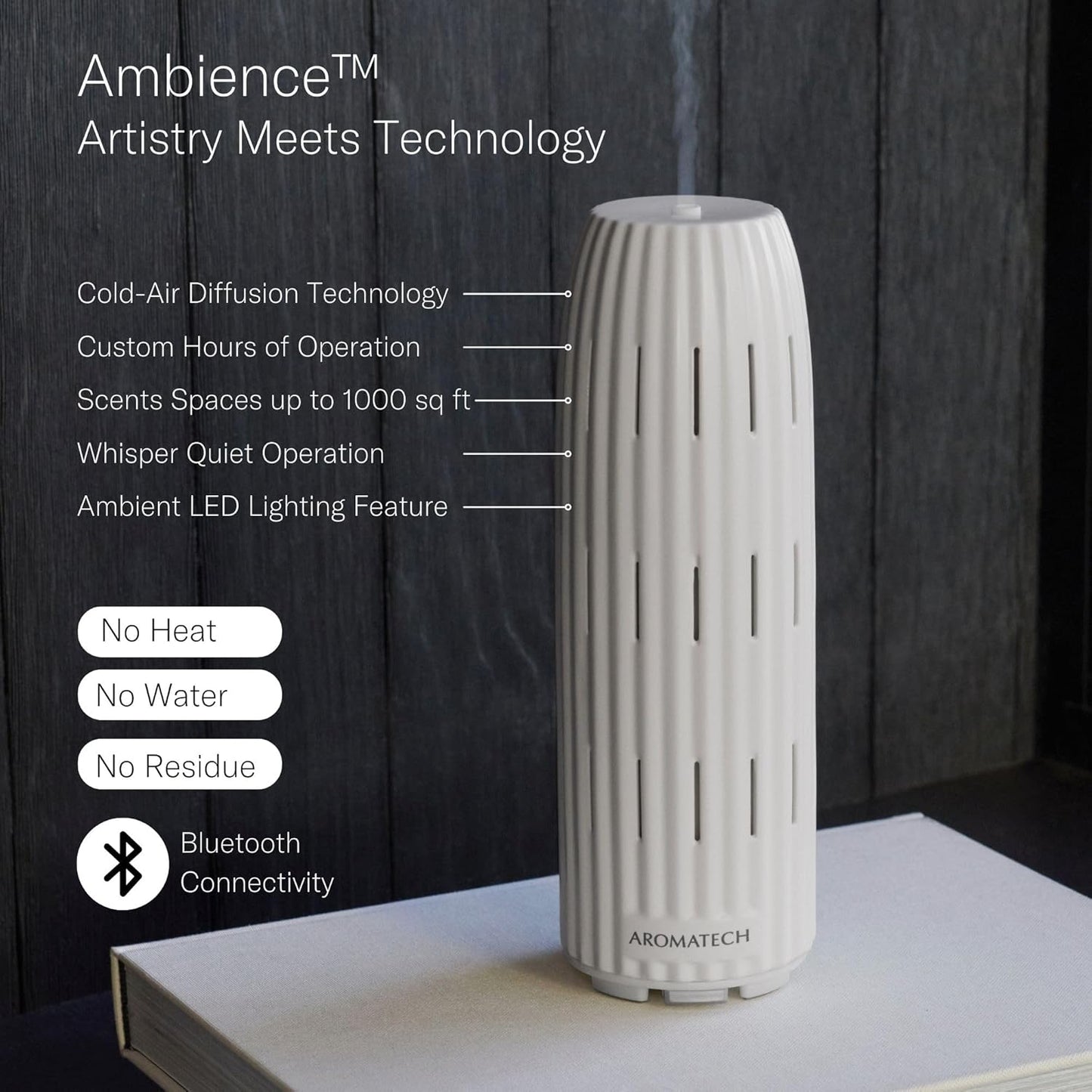 AromaTech Ambience Scent Diffuser for Essential Oil Blends & Fragrances – Waterless Scent Machine w/Bluetooth for Home, Bathroom Boutiques, Hotel, Spa – White Stone with 60 ml Oil
