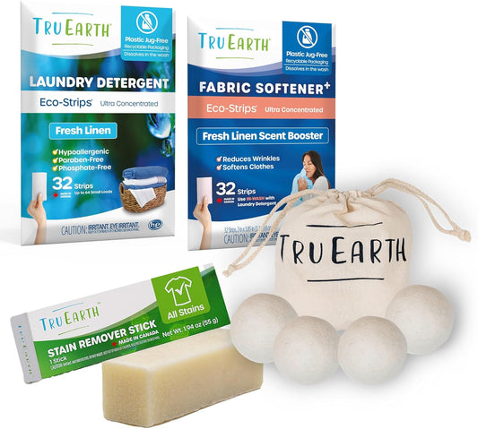 Tru Earth Laundry Essentials Bundle - Laundry Detergent Bundles Set with Fabric Softener, Laundry Sheets, Stain Remover Stick and Dryer Balls - Fresh Linen