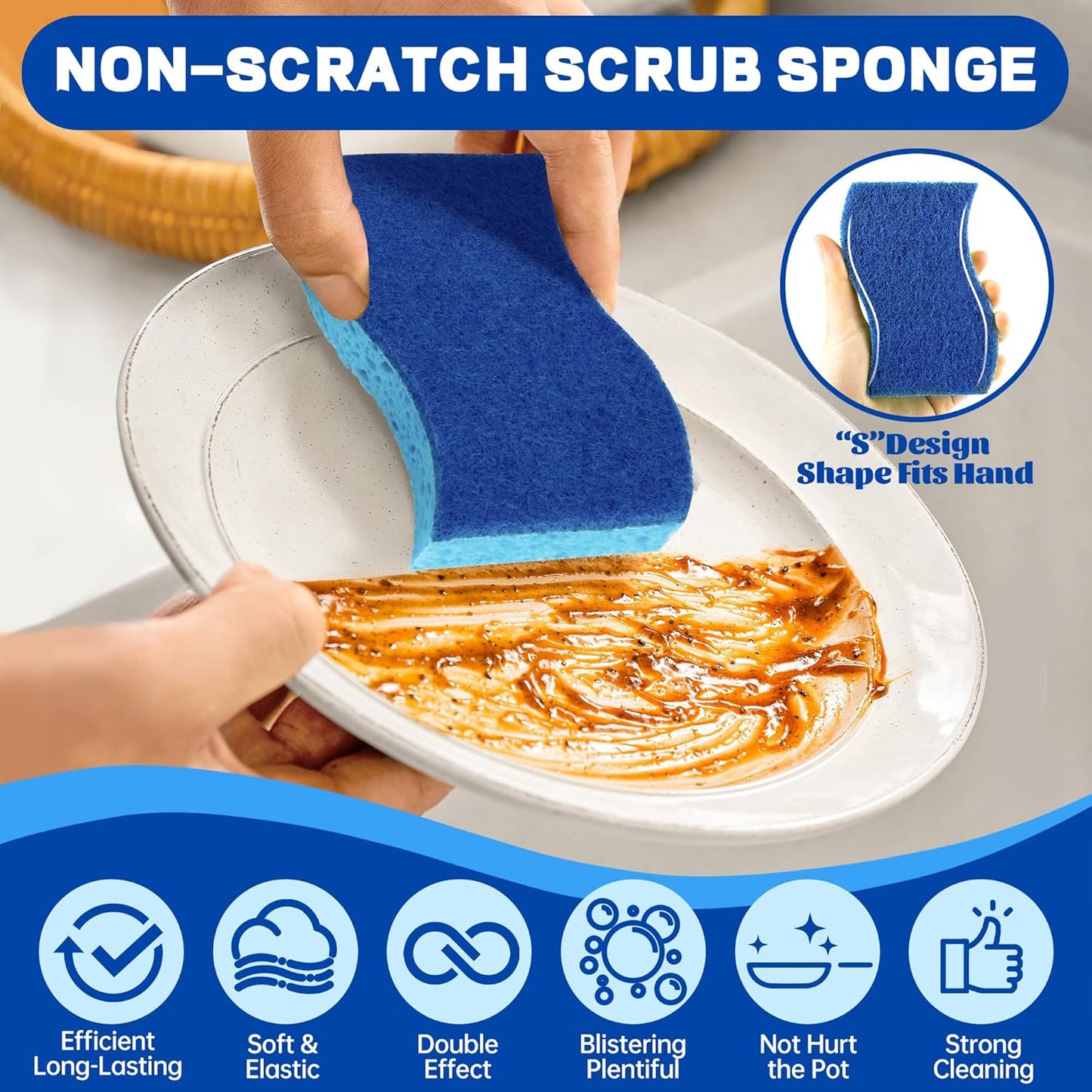 12 Count Non-Scratch Dish Sponges Kitchen, Long Lasting Cleaning Sponges for Dishes,Dual Sided Kitchen Sponges, Cleans Fast Without Scratching, Easy to Dry and Reusable-Blue