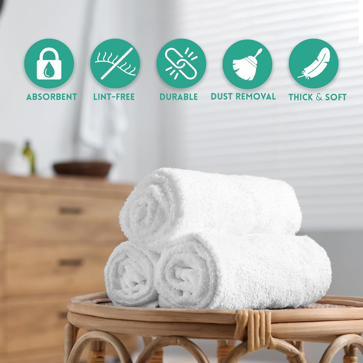 ZUPERIA 100% Cotton Terry Towels Cleaning Cloths, Pack of 50 (12" x 12") Multipurpose, Highly Absorbent, Reusable Cotton Rags, White Bar Towels & Cleaning Rags for Everyday Usage (White)