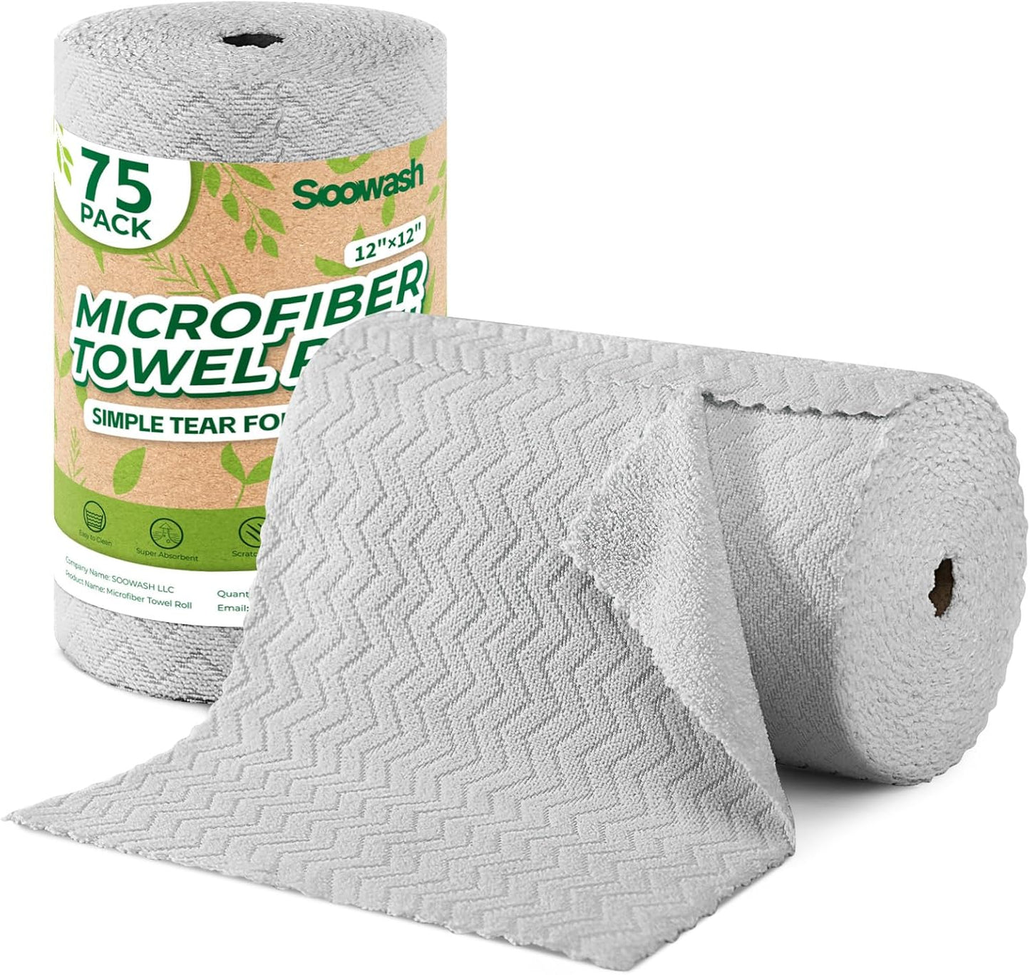 Microfiber Cleaning Cloths Roll, 75 Pack Tear Away Microfiber Towels Roll, 12" x 12" Lint Free Rags, Reusable Cleaning Cloths, Washable, Scratch Free,Ultra Absorbent Dish Rags(Grey Ripple)