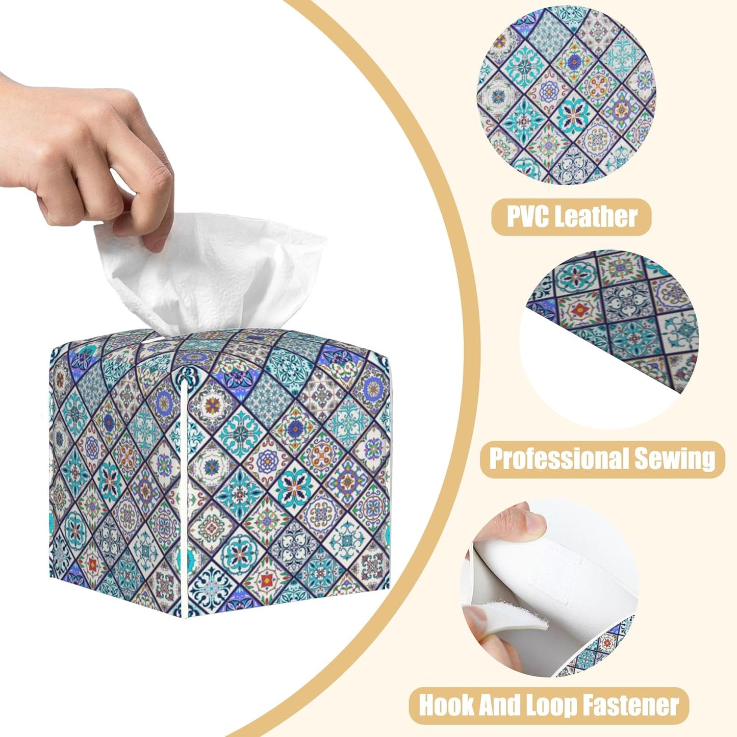 Square Tissue Box Cover Vintage Ceramic Tiles Tissue Box Holder Facial Cube Paper Dispenser Leather Decorative Organizer Home Office Desk Decor, 5.2"x5.2"x5.2"