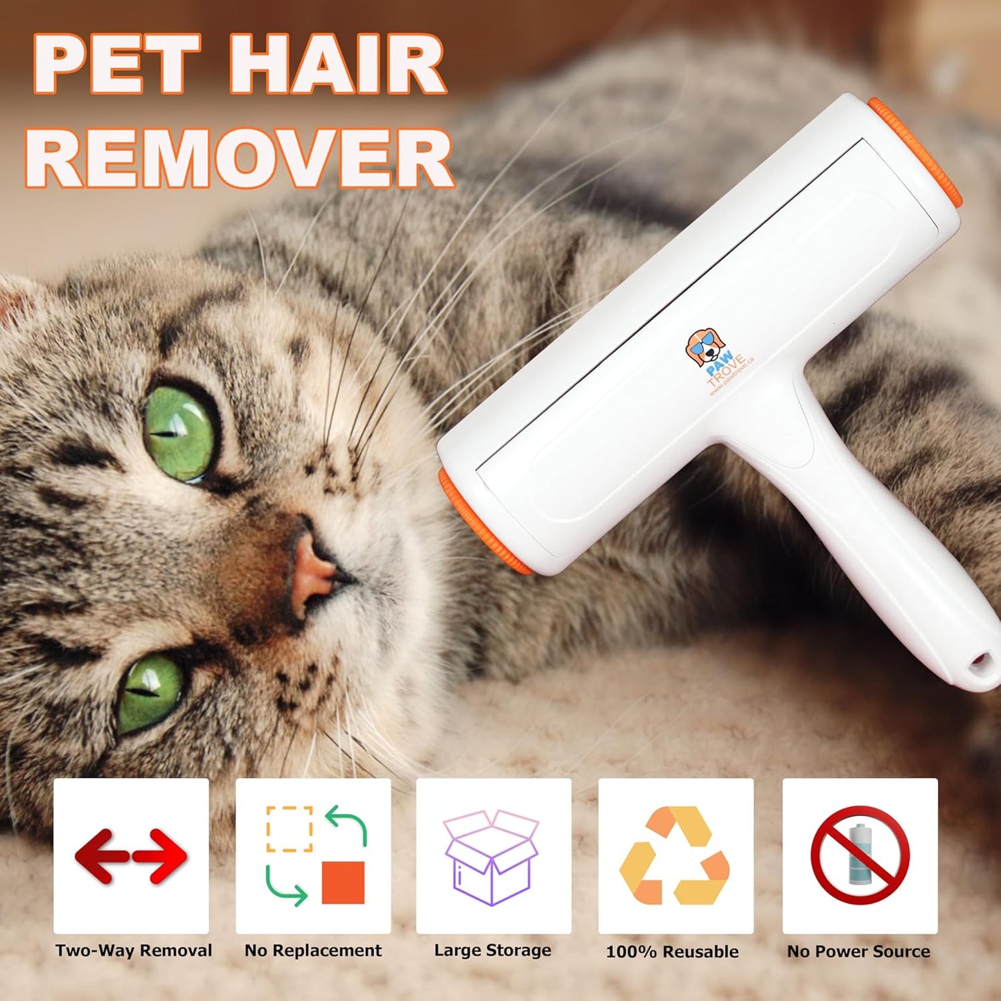 Roller Pet Hair Remover and Reusable Lint Roller - PAW TROVE Cat and Dog Hair Remover for Furniture, Couch, Carpet, Clothing and Bedding - Portable, Multi-Surface Fur Removal Tool.