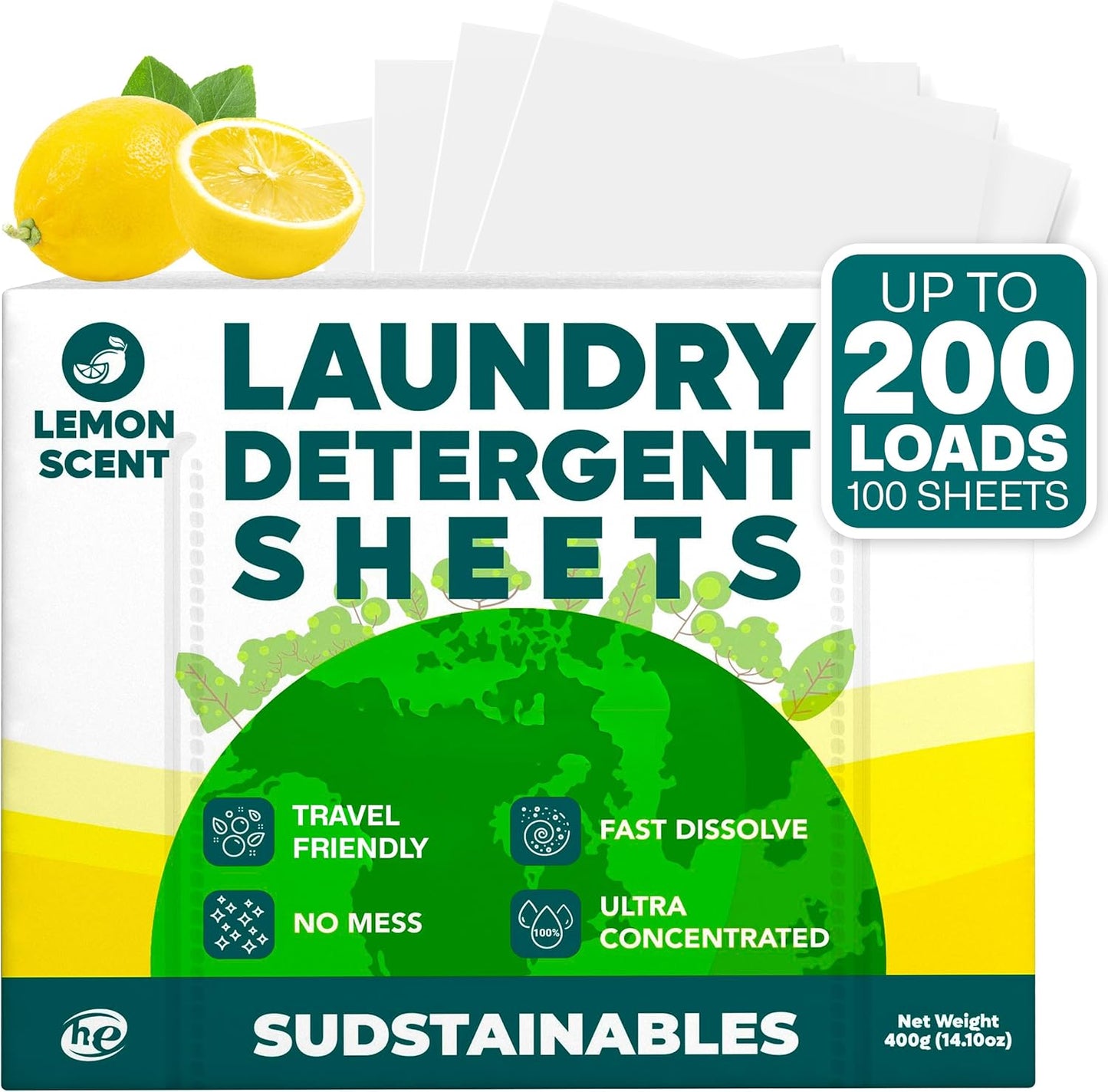 Sudstainables Laundry Detergent Sheets 200 Loads – Dissolvable Laundry Sheet for Washing Machines, Compact Alternative to Liquid & Powder Detergent, Travel-Friendly Soap | Lemon