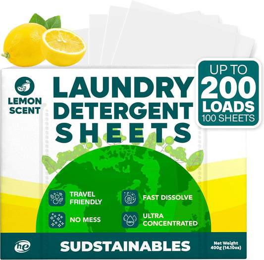 Sudstainables Laundry Detergent Sheets 200 Loads – Dissolvable Laundry Sheet for Washing Machines, Compact Alternative to Liquid & Powder Detergent, Travel-Friendly Soap | Lemon
