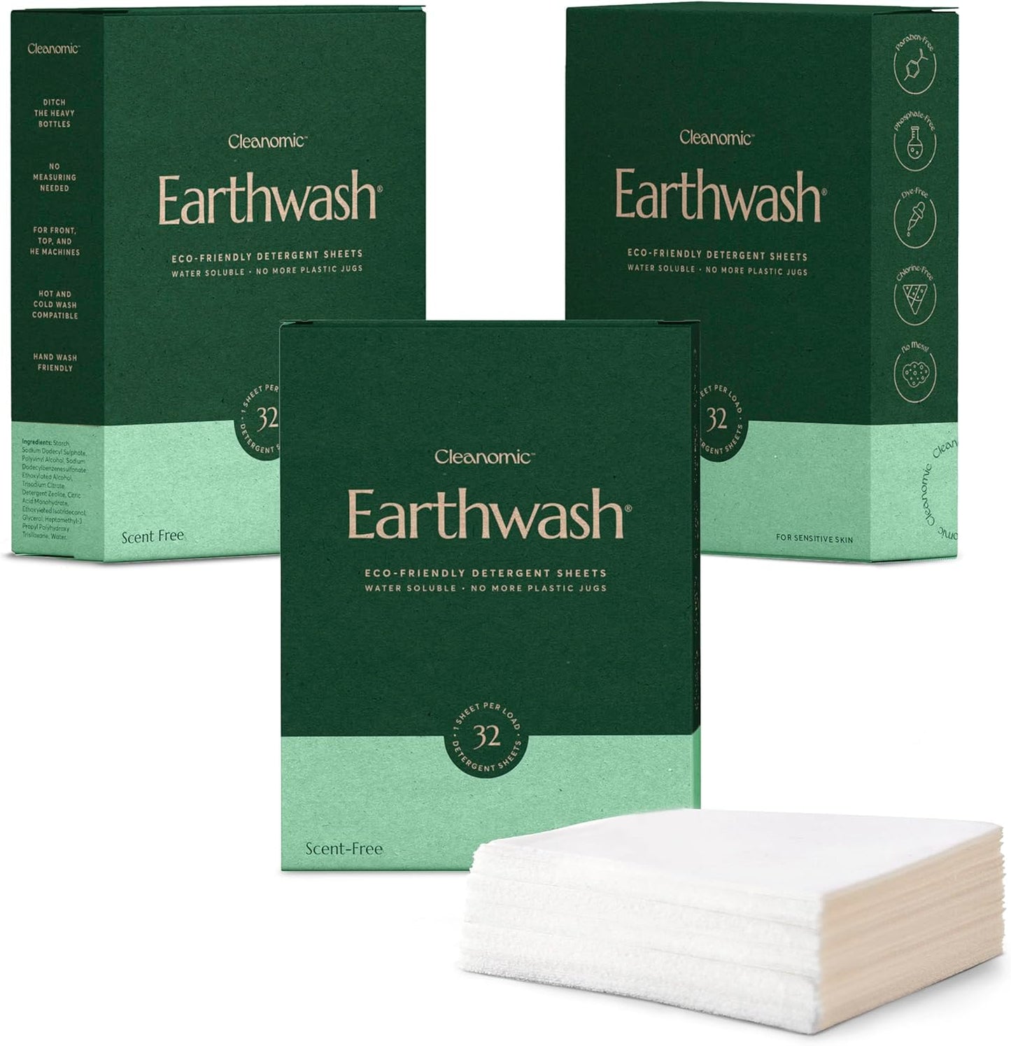 Earthwash Laundry Detergent Sheets (Up To 192 Loads) 96 Scent Free Sustainable Sanitizer Strips - Ideal for Travel & Home Liquidless Laundry by Cleanomic