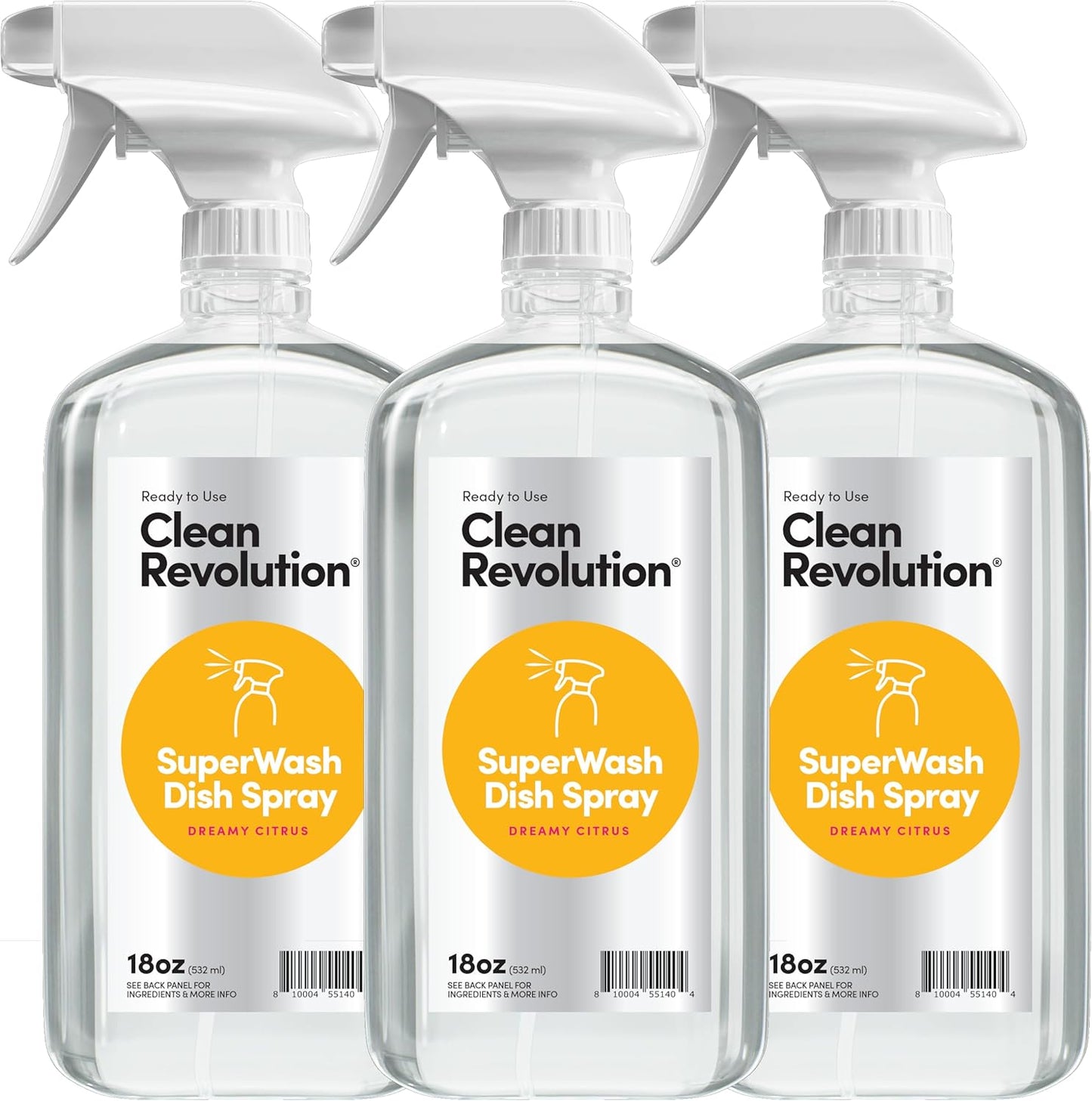 Clean Revolution SuperWash Dish Soap Spray 18oz Refill Supply Container, Ready to Use Formula, Citrus Fragrance, 3 Pack - Made in USA