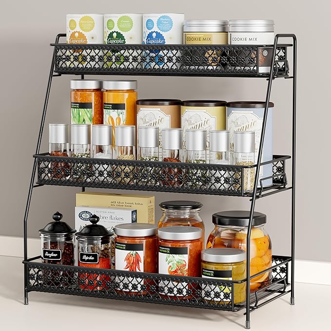 Vintage 3 Tier Spice Rack Organizer for Kitchen Counter, Bathroom Counter Organizer, 3 Tier Bathroom Counter Organizer for Spices Makeup Perfumes, Retro Countertop Organizer