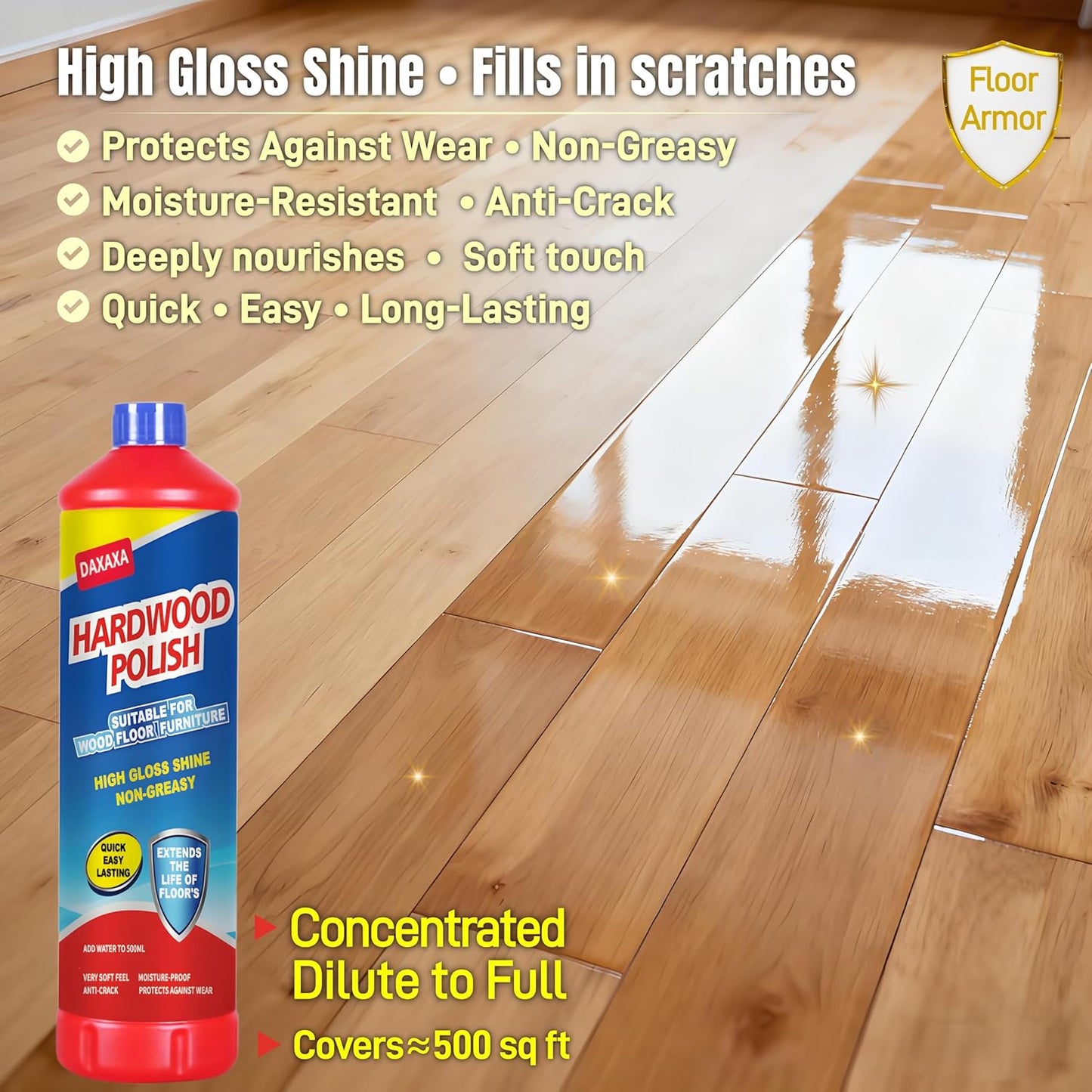 2-Pack Wood Polish&Cleaner - Deep Conditioning Formula,Scratch Hiding&Moisture Protection, Durable High-Gloss Finish for Hardwood, Laminate Floors&Furniture | Ultra concentrated-Fill with water to use