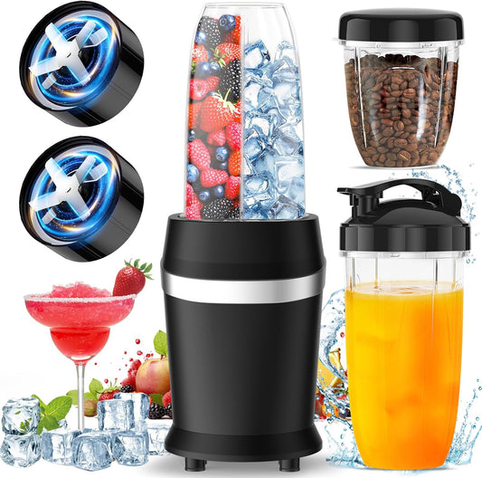 12-Piece Smoothie Blender Maker 25,000 RPM Personal Blender for Ice Crushing Smoothies & Frozen Drinks Nuts with 23oz, 32oz, 37oz Portable Cups Two 6-Leaf Stainless Steel Blades, Black