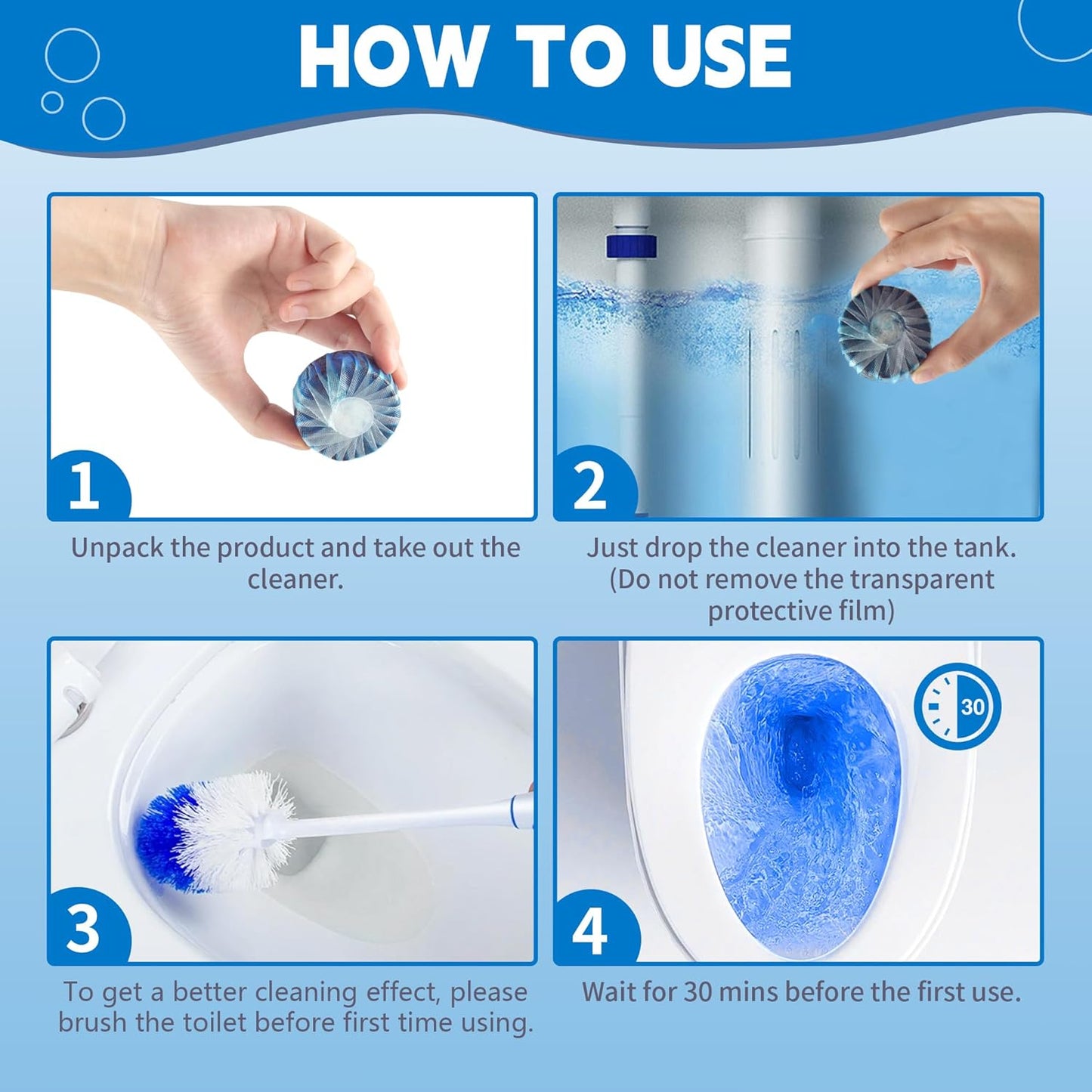 Toilet Bowl Cleaner Tablets, Automatic Toilet Tank Cleaner for Deodorizing & Descaling, Long-Lasting with Sustained Release Technology for Bathroom Cleaners, Blue, 12 Packs