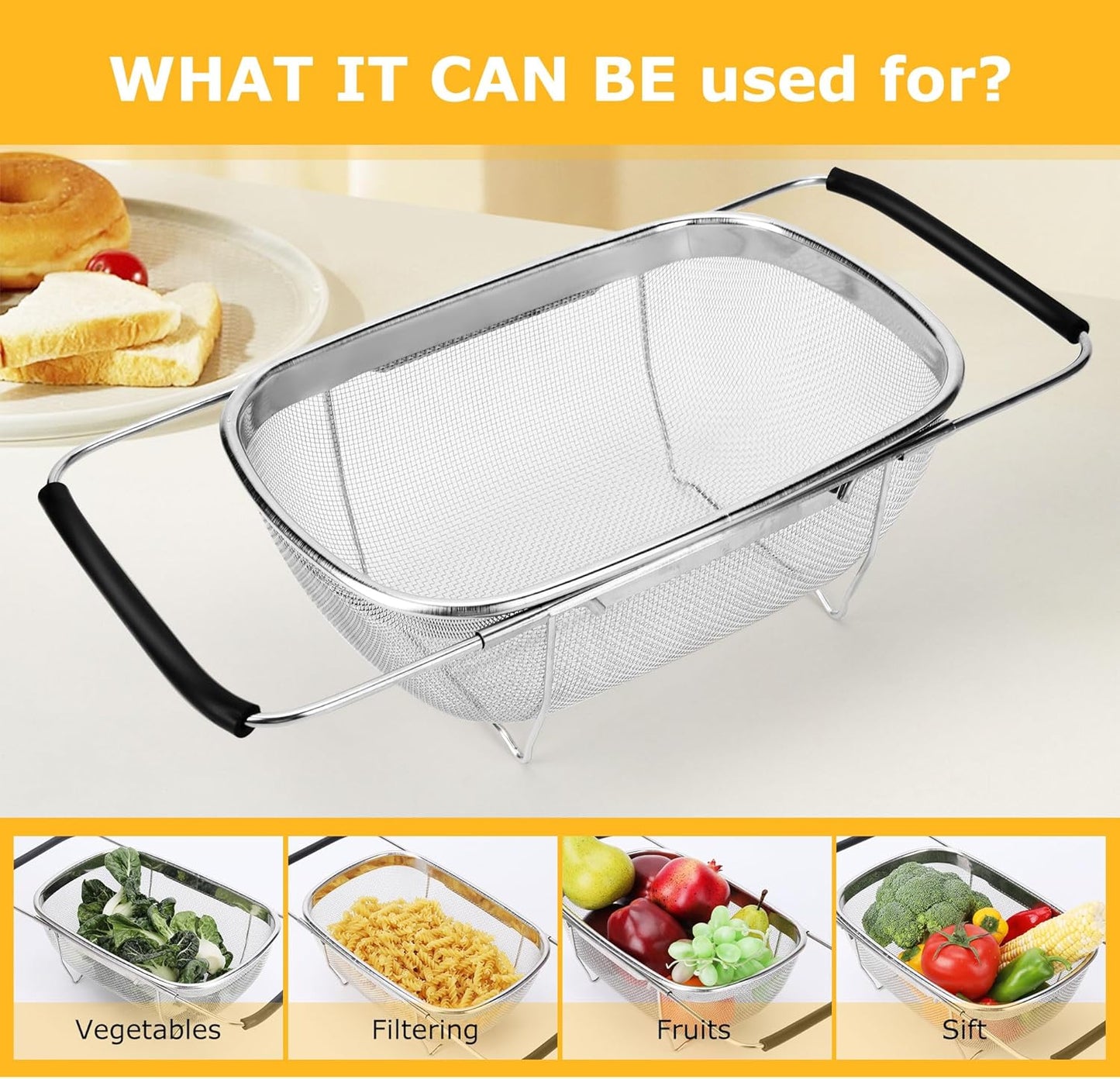 ZDRongZhen Kitchen Accessories Over the Sink Colander Strainer Basket，Stainless Steel Colander with Expandable Rubber Grip Sink Drainer-Rinse Vegetables Fruits &Strain&Drain (Medium-Fine mesh)