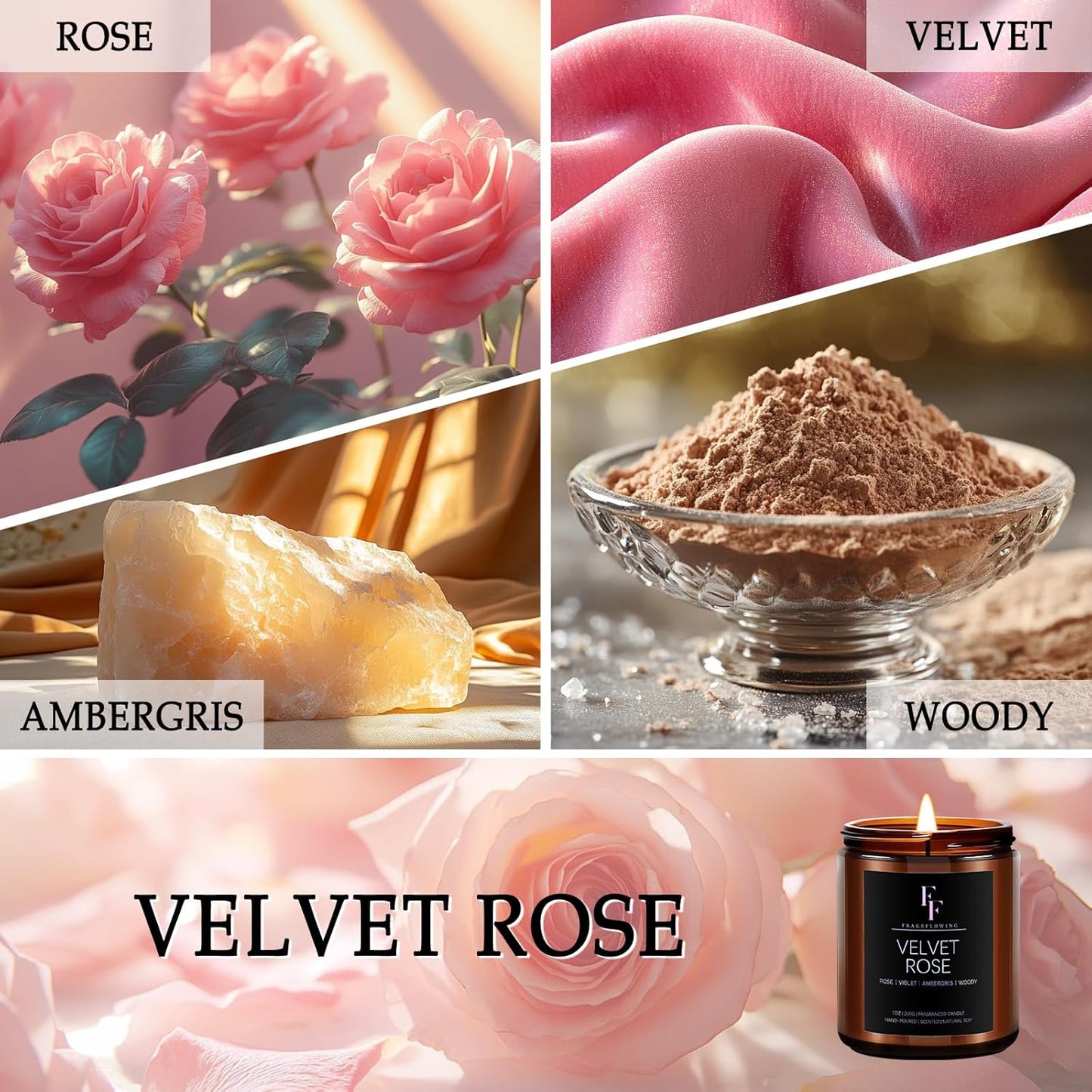 Velvet Rose Candle, Scented Candle for Home Soy Wax Candle, Aromatherapy Candle Gift for Women Men, 7oz